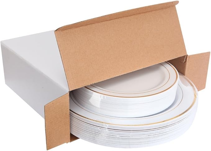 WDF 60PCS White Gold Plates Disposable - Gold Plastic Plates, Including 30-10.25inch Gold Dinner and 30-7.5inch Salad/Dessert for Baby Shower Wedding Spring