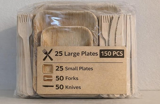 Premium Palm Leaf Dinnerware Set,150-Piece Disposable Plates & Cutlery | 25 Large, 25 Small, 50 Wooden Forks, 50 Wooden Knives | Compostable, Heavy-Duty, Perfect for BBQs, Parties,