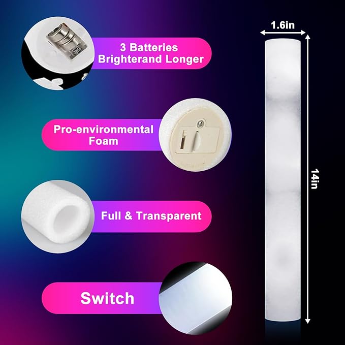 LED Foam Glow Sticks | 18.9 INCH Bulk Glow Sticks | LED Light Sticks | Light-Up Sticks for Concerts, Weddings, Raves, Carnivals, Halloween, Birthdays, and More!