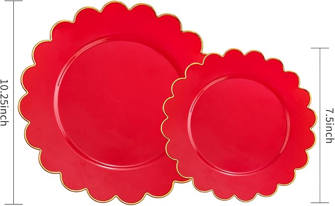 LIYH 60 Pcs Red Plastic Plates Disposable with Gold Edge Scalloped Red Gold Disposable Plates Includes 30 Dessert & 30 Dinner Plate Dishes Tableware for Party