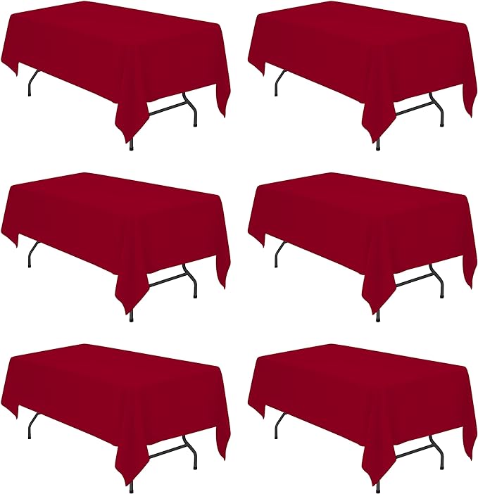 BRILLMAX 6 Pack Burgundy Tablecloths 60 x 102 Inch for 6ft Rectangle Tables - 150 GSM Polyester Fabric, 15" Standard Drop, Water, Stain & Wrinkle Resistant Cloth Cover for Wedding Dining Buffet