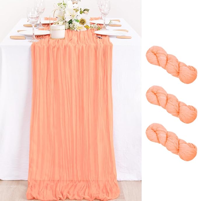 MLMC 3 Pack Peach Cheesecloth Table Runner 10ft Spring Rustic Gauze Cheese Cloth Table Runner 35x120 Inches for Wedding Bridal Baby Shower Party Decor