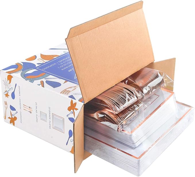WDF 125pcs Rose Gold Plates with Disposable Silverware - Plastic Plates Dinnerware Include 25Dinner Plate,25 Salad Plate,25 Forks,25 Knives,25 Spoons for Wedding Party Birthday Mother's Day