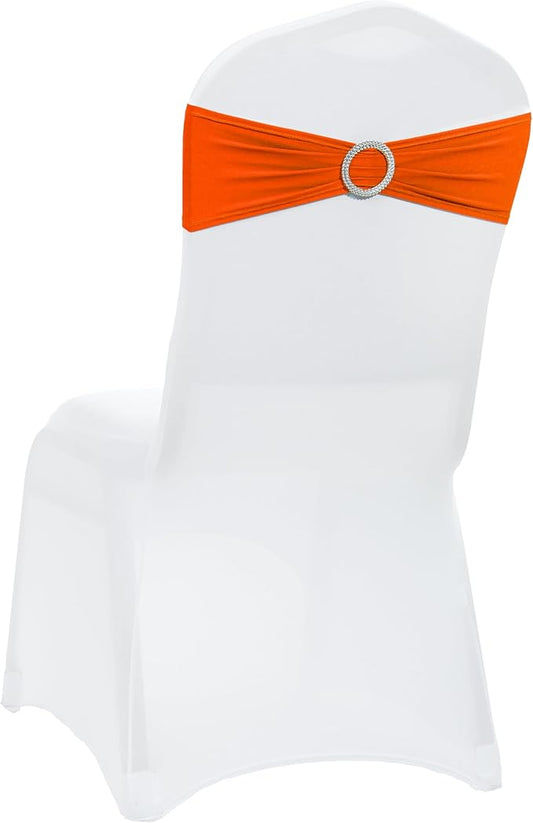 VDS - Orange | Spandex Chair Sashes Bows | 50 PCS | Stretch Elastic Banquet Universal Folding Chair Band Tie with Silver Buckle Slider for Wedding Party Conference Celebration Event Decoration