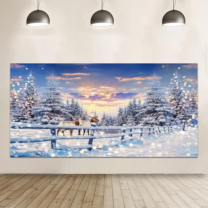 Winter Wonderland Christmas Backdrop 20x10ft for Photography Forest Reindeer Snow Winter Scene Backdrop for Pictures Christmas Party Holiday Background Decorations Photo Booth