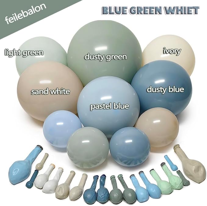 Dusty Blue Green Balloon Arch Kit Double Stuffed Pastel Light Sage Green Blue White Sand Beige Balloon Garland for Birthday Baby Shower Dinosaur Wedding Easter Jungle Wild One Party Decoration