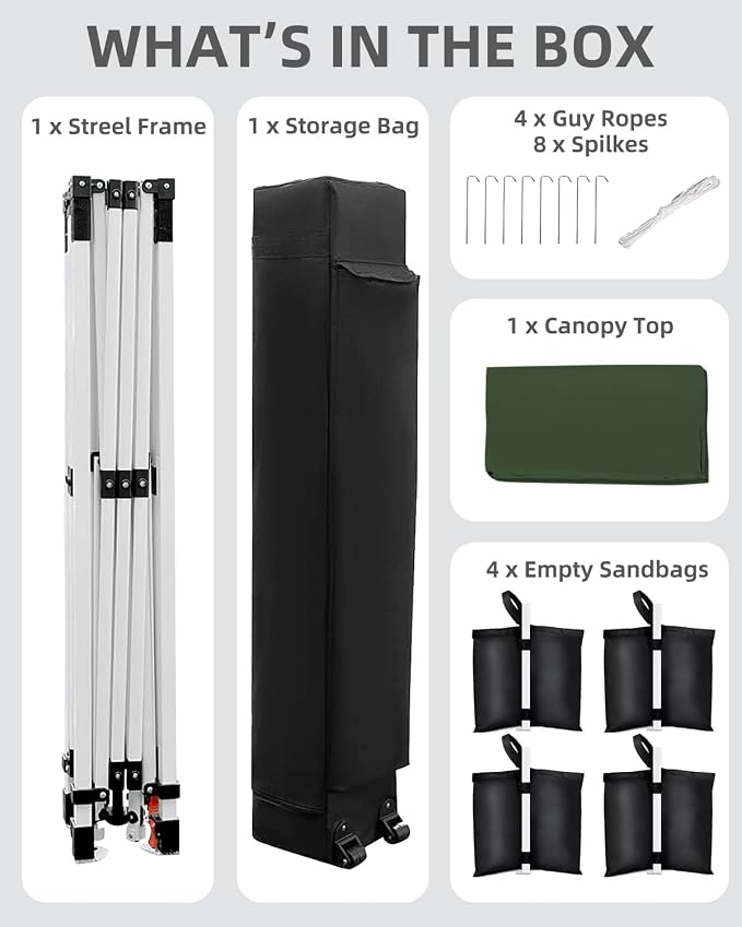 GarveeLife 10x10 Pop Up Canopy with One Button Push Setup - Heavy Duty Outdoor Canopy Tent with Portable Roller Bag - 3 Adjustable Height, 4 Weight Bags, 8 Stakes & 4 Guy Ropes Included, Green