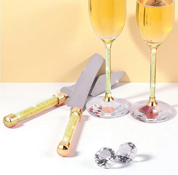 Wedding Cake Knife and Server Set, Mr and Mrs Champagne Flutes, Bride and Groom Champagne Glasses and Wedding Cake Cutting Set for Valentines, Wedding, Engagement, Bridal Shower Gifts (Gold)
