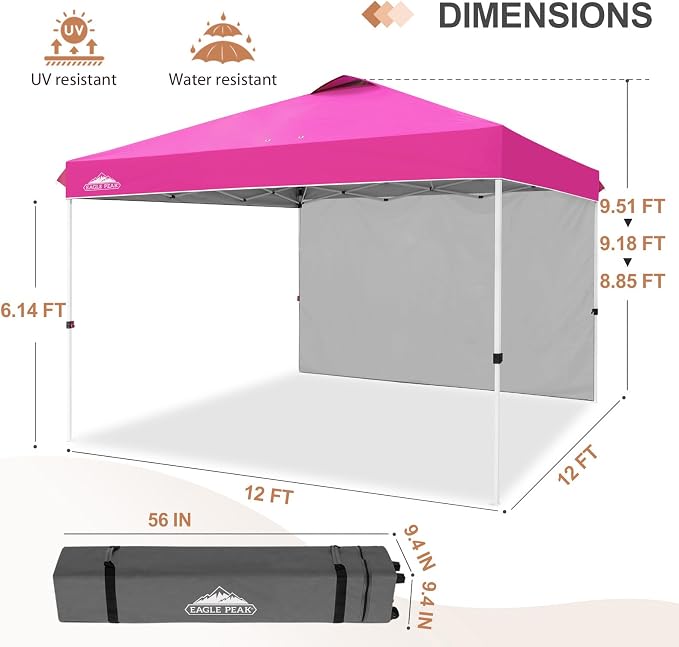 EAGLE PEAK Commercial Canopy 12x12 Pop Up Canopy Tent with 1 Sidewall, Easy Setup Heavy Duty Instant Event Shelter for Vendors & Markets, Outdoor Sun Shade, Pink