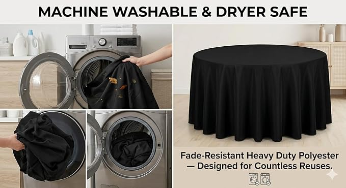 120 Inch Black Polyester Tablecloth, Soft & Easy to Iron, Stain Resistant Wrinkle Free Circle Table Cover, Washable Reusable for Wedding, Party, Birthday, Banquet & Reception