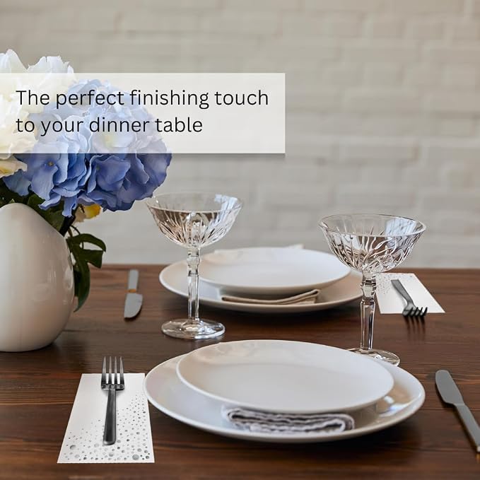 Stylish White and Silver Napkins, 100 Silver Dinner Napkins, Disposable Napkins for Party, Napkins, 7.5x 4.25 Inch Disposable Dinner Napkins, Wedding Napkins for Reception, 3Ply Fancy Paper Napkins