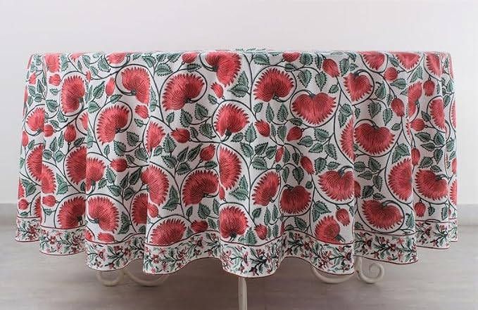 Ridhi Round Tablecloth Hand Block Print 100% Cotton Reusable Turquoise Green 60 Inch Table Cover Decorative Everyday Use for Dining, Home, Party, Wedding, Farmhouse Gift for Spring, Mother's Day
