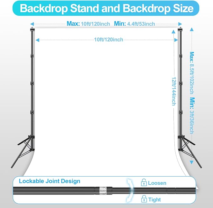 EMART 8.5 x 10ft Background Support System,Professional Photo Backdrop Stand kit with 10 x 12 ft Polyester Backdrop (White,Black),Clamp,Carry Bag for Parties,Photography,Decoration, Video Shooting