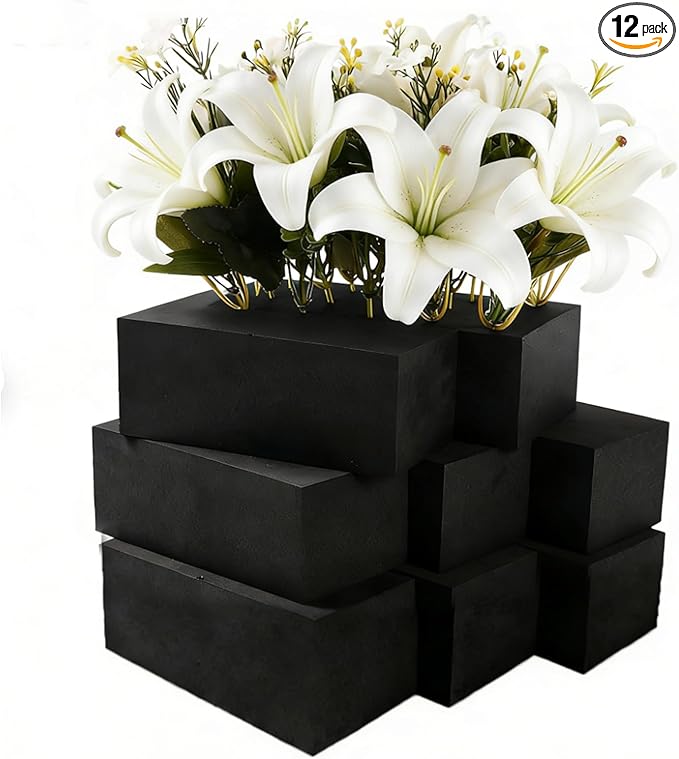 12 Pack Black Floral Foam Blocks, 6"x3"x2.5" Reusable & Water Absorbent Wet Foam for Artificial Silk Flowers, Wedding, Home Decor & Outdoor Planters