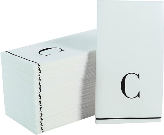 Luxe Party 112 Pack Monogram Napkins | Letter C Initial | Disposable | Premium Airlaid | Linen Feel | Decorative Table Setting | Guest Towel Napkin | White and Black