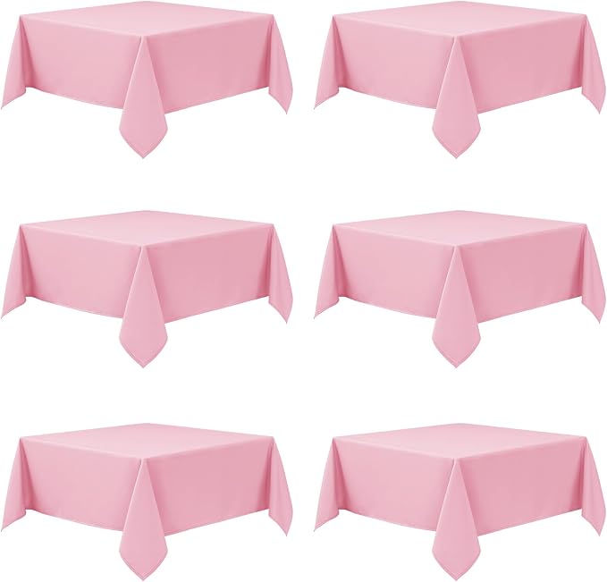 6-Pack Pink Tablecloths for Square Tables, 70 x 70 Inches, Stain-Resistant Polyester Fabric for 3 Foot Tables - Washable Table Covers for Weddings, Banquets, Birthday Parties, Events
