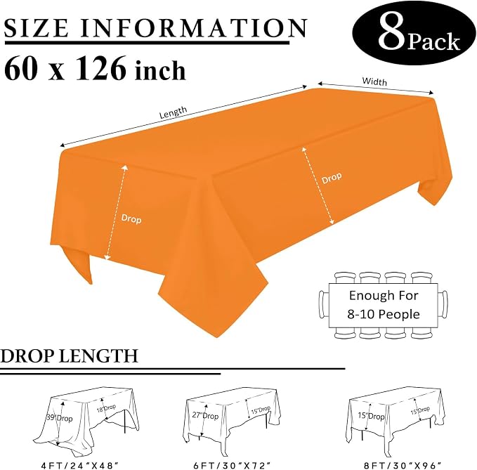 8 Packs Orange Tablecloth 60x126 Inch Rectangular Table Cloths for 8ft Rectangle Table, Wrinkle Resistant Polyester Tablecloth Washable Table Covers for Wedding Party Buffet Dining