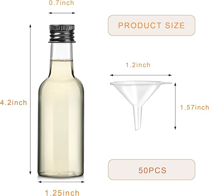 YZXODN 50 Pack 1.7oz Mini Liquor Bottles with Labels, Plastic Alcohol Bottles, Airtight Shot Bottles, Little Spirit Bottle with Funnel Black Caps, Hot Sauce Bottle for Cocktail, Party Favors, Weddings