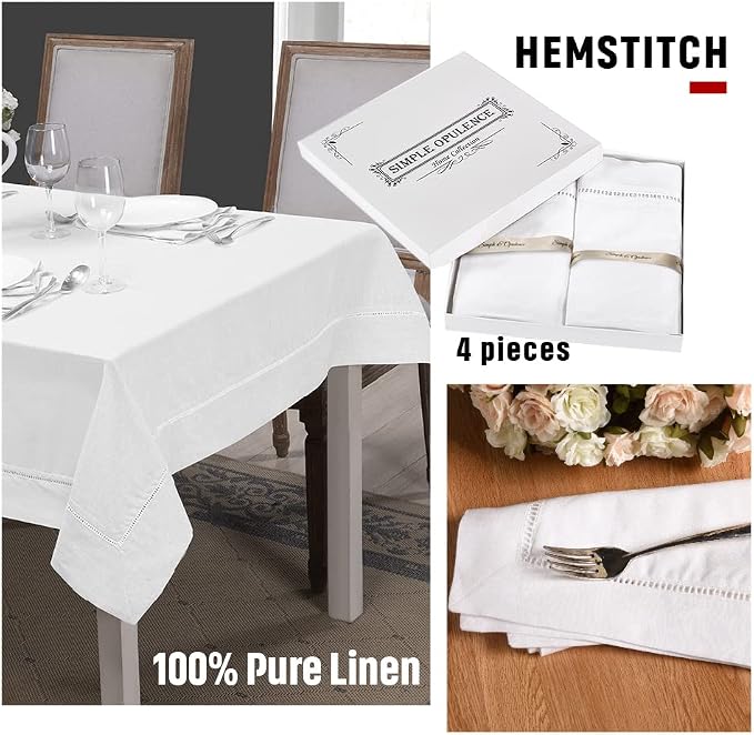Simple&Opulence 100% Linen Dinner Napkins, Hemstitched Decorative 18x18 Inch White French Flax Cloth, Pack of 4 Reusable Napkins,Stone Washed with Handcrafted Mitered Corners