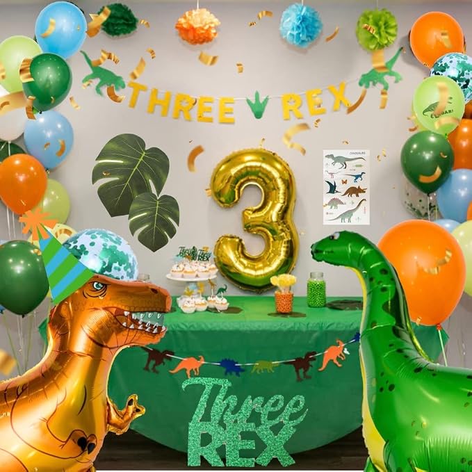 Three Rex Birthday Party Decorations for Boys – 3rd B-day Dinosaur Theme w/ Banners & Balloons – Three Rex Party Supplies for Boy’s Dino Celebration