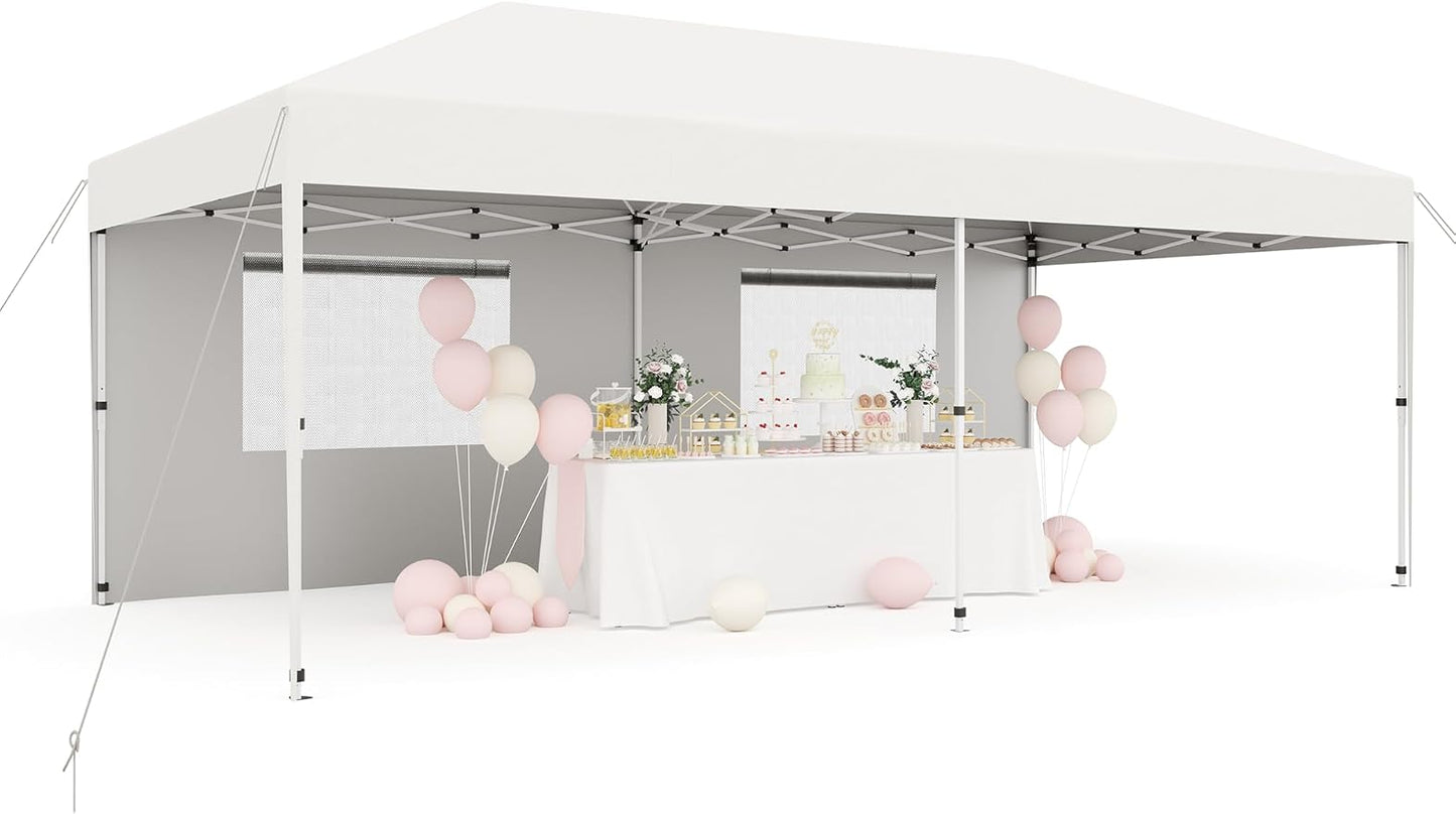 10'x 20' Pop up Canopy Tent, Instant Easy Setup Commercial Canopy Tent with 2Pcs Sidewalls, 12 Stakes & 6 Sandbags, Portable Outdoor Tent for Farmers' Market, Wedding, Patio, Party, Event-White