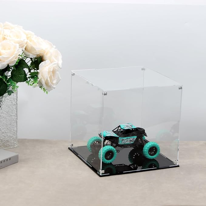12 Inch Clear Acrylic Case for Display, Cube Clear Display Acrylic Box for Collectibles, Alternative Glass Case with Black Base for Display Figures Home Storage Organizing Toys Arts Showcase