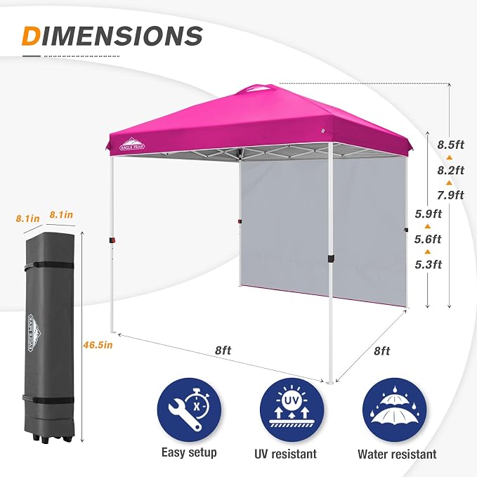 EAGLE PEAK Commercial Canopy 8x8 Pop Up Canopy Tent with 1 Sidewall, Easy Setup Heavy Duty Instant Event Shelter for Vendors & Markets, Outdoor Sun Shade, Pink