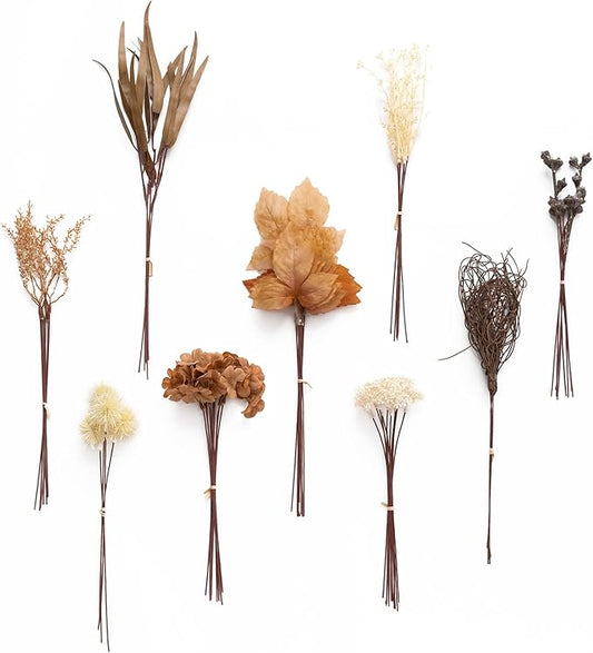 Ling's moment Artificial Greenery Stems Box Set, 62pcs with 9 Kinds of Faux Greenery Picks for DIY Bridal Bouquets Wedding Floral Arrangement Table Centerpieces, Walnut Brown & Sand Biege