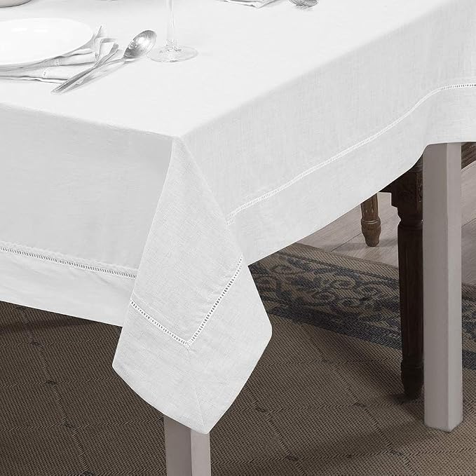 Simple&Opulence Premium 100% Linen Hemstitch Tablecloth-60 x 104 Inch White, Natural Fabric, Rectangular Tablecloth for Indoor and Outdoor Use