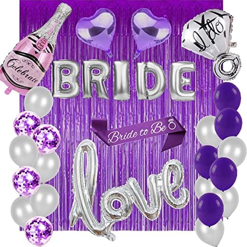 Bachelorettesy 28pc Bachelorette Party Decorations Kit for Bride to Be, Bridal Shower Decorations, Engagement Party – Balloons, Sash, Foil Backdrop Curtain (Purple)