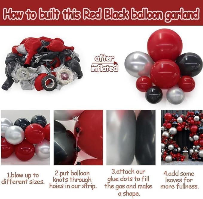 Red Black Balloon Arch, Double Stuffed Dark Ruby Red Black Silver Balloon Garland Kit Burgundy Maroon Balloons for Birthday Wedding Valentines Day Baby Shower Engagement Graduation Party Decor