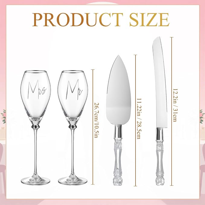 Boao 4 Pcs Wedding Cake Knife and Champagne Flutes Server Set, Wedding Reception Supplies Toasting Flutes Cylinder Champagne Glasses Cake Cutting Set for Engagement Gifts (Silver)