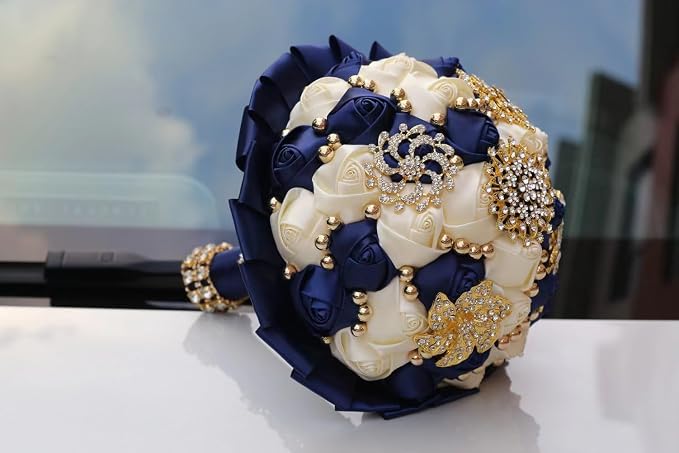 Bridal Wedding Bouquet with Gold Brooch Rhinestone Pearl Satin Rose Flower Bouquet for Bride Bridesmaid Quinceanera Wedding Navy Blue and Ivory 7.1in