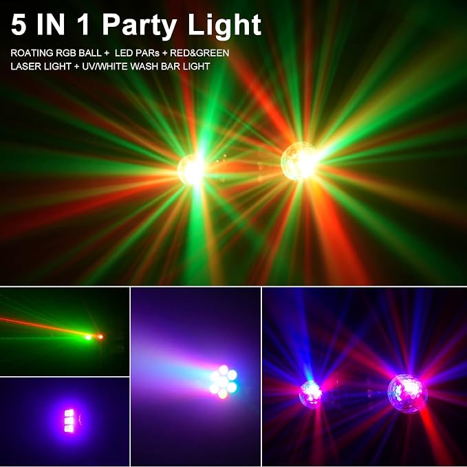 DJ Lights with Stand,5 in 1 Dj Lights for Parties Disco Ball Stage Party Light Set with Sound Activated Control, UV,Strobe, Dyeing, Led Par Light and Pattern Lighting for Bar Wedding Christmas-2PC