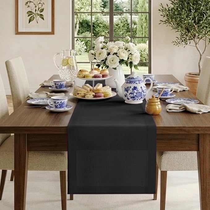 Classic Linen™ by D'Moksha Black Table Runner 132 Inches Long, 100% Pure Linen, Extra Long Table Runner, 14 x 132 Inch for Dining- Mothers Day, Spring, Summer