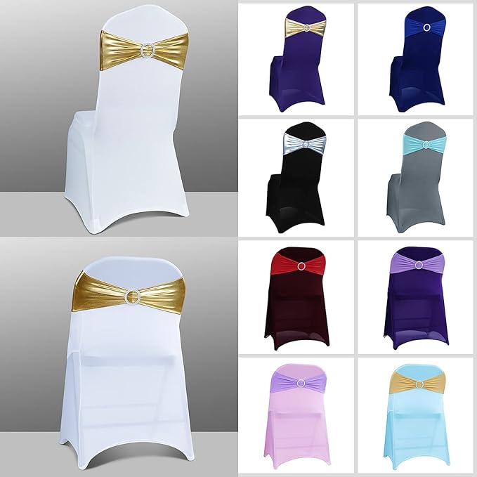 Spandex Chair Sashes - Babenest 50PCS Premium Stretch Cover Band with Buckle Slider Universal Elastic Chair Ties for Wedding Party Ceremony Reception Banquet Decoration (Metallic Gold)