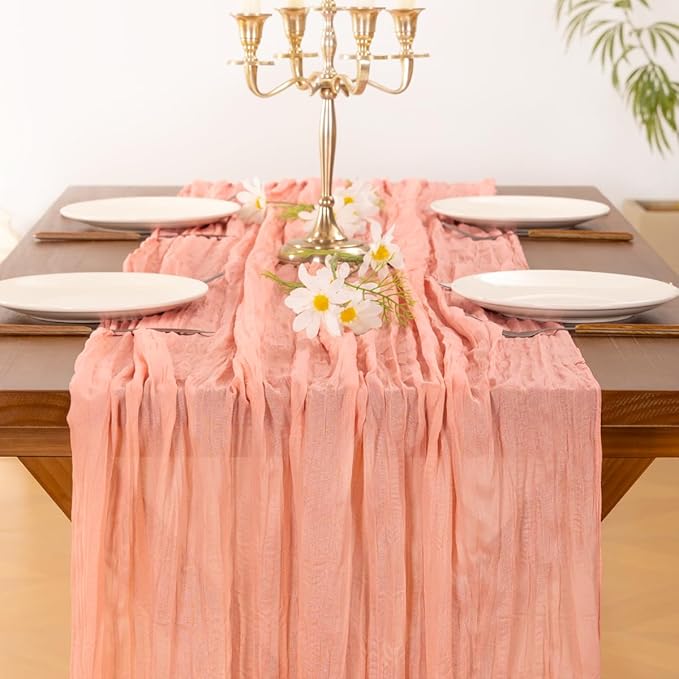 Socomi Coral Peach Summer Cheesecloth Table Runner Boho Rustic Gauze 120 inch 10FT Cheese Cloth Sheer Runner for Wedding Party Baby Shower Birthday Home Decor Holiday Decorations