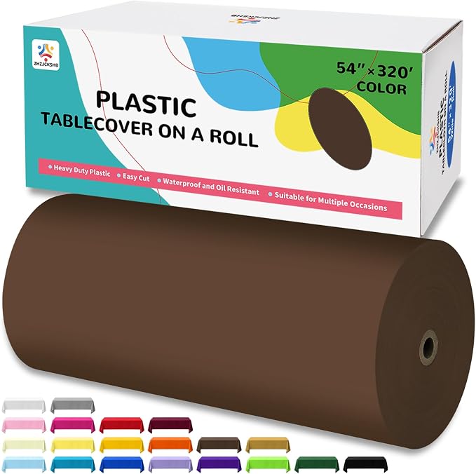 54IN X 320FT Plastic Table Cover Roll with Cutter Box, Cut to Size Plastic Table Cloths for Parties, Birthday, Disposable Tablecloth Roll for All Shape Tables (Brown, 54 Inch X 320 Feet)