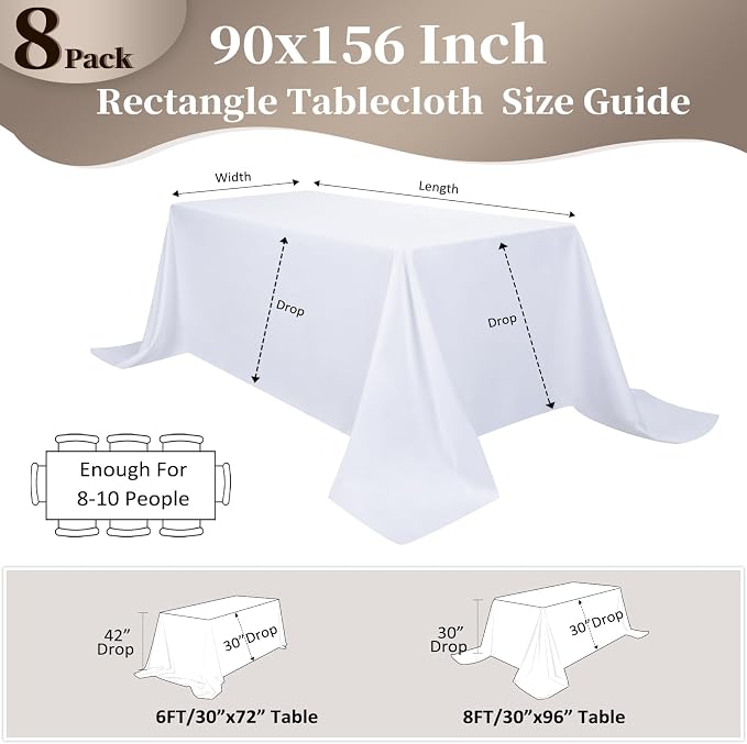 8 Pack White Table Cloth 90x156 Inch Rectangle Tablecloths for 8 Foot Rectangle Tables, Wrinkle Resistant Washable Polyester Fabric Rectangular Table Cover for Dining Banquet Wedding Party