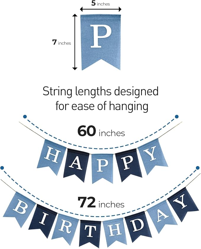 Pre-Strung Blue Happy Birthday Banner, No DIY Burlap Banner, Colorful Party Decorations for Boys, Reusable Fabric, Ready to Hang Birthday Decor