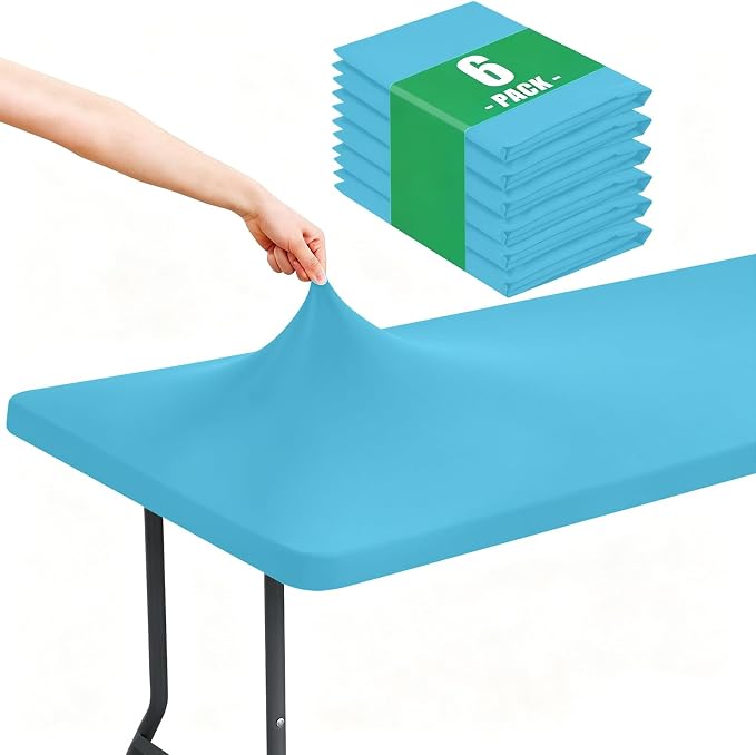 Moosfor Spandex 6 Foot Rectangle Table Cloth 6 Pack, Elastic Fitted Tablecloths for Picnic, Stretch Washable Patio Table Cover for Outdoor, Camping, Banquet and Parties (Blue Mist, 30"x72")