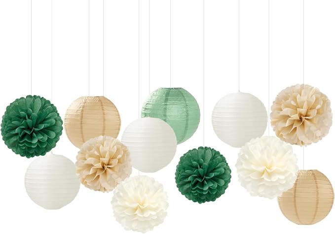 Sage-Green Gold Party-Decorations Paper-Flowers Lanterns - 15pc Boho White Champagne Tissue Pom Poms Streamers,Birthday Bachelorette Bridal Baby Shower Engagement Wedding Graduations Decor Panduola