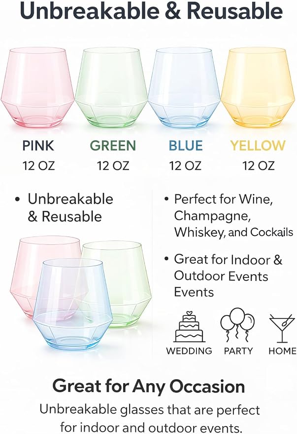 Oojami 40 Pack Diamond Disposable Plastic Wine Glasses 12oz for Parties | Stemless Wine Cups, Champagne Cocktail Whiskey - Shatterproof Unbreakable Reusable Recyclable BPA-Free, Weddings Birthday