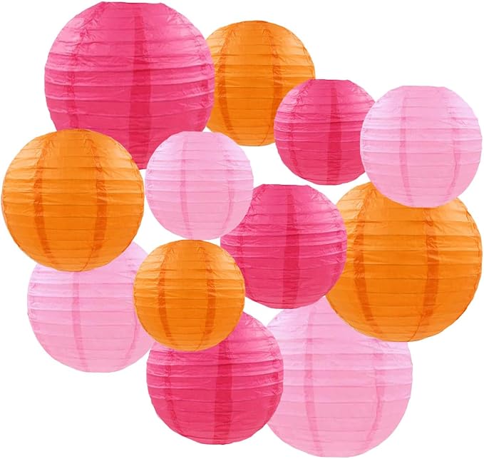 CC wonderland zone 12pcs Hot Pink and Orange Paper Lanterns - Round Ceiling Hanging Paper Lampshades,for Birthday, Baby Shower, Wedding, Party Decorations (4", 6", 8", 10")