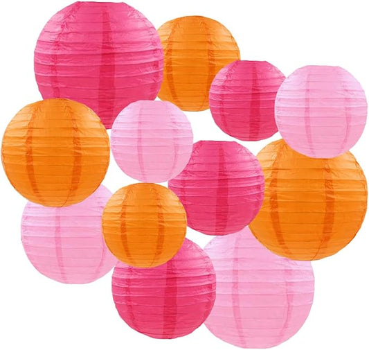 CC wonderland zone 12pcs Hot Pink and Orange Paper Lanterns - Round Ceiling Hanging Paper Lampshades,for Birthday, Baby Shower, Wedding, Party Decorations (4", 6", 8", 10")