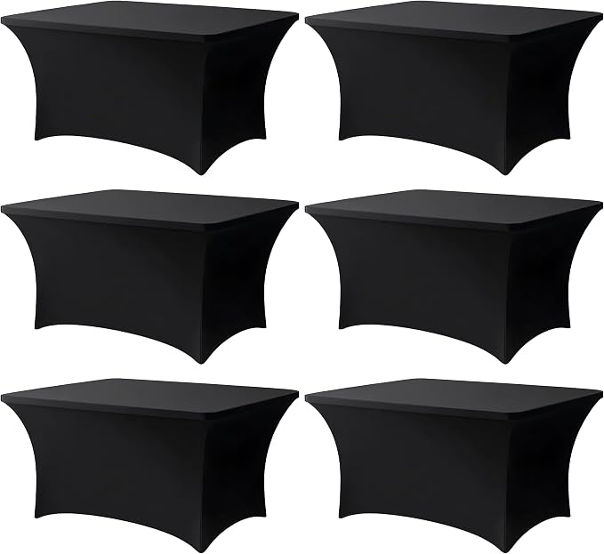 4FT Black Table Cloth - 6 Pack, Fitted Stretch Rectangle Spandex Tablecloth, Washable Table Cover for Party, Dining, Wedding, Banquet and Festival(Black, 30" x 48")