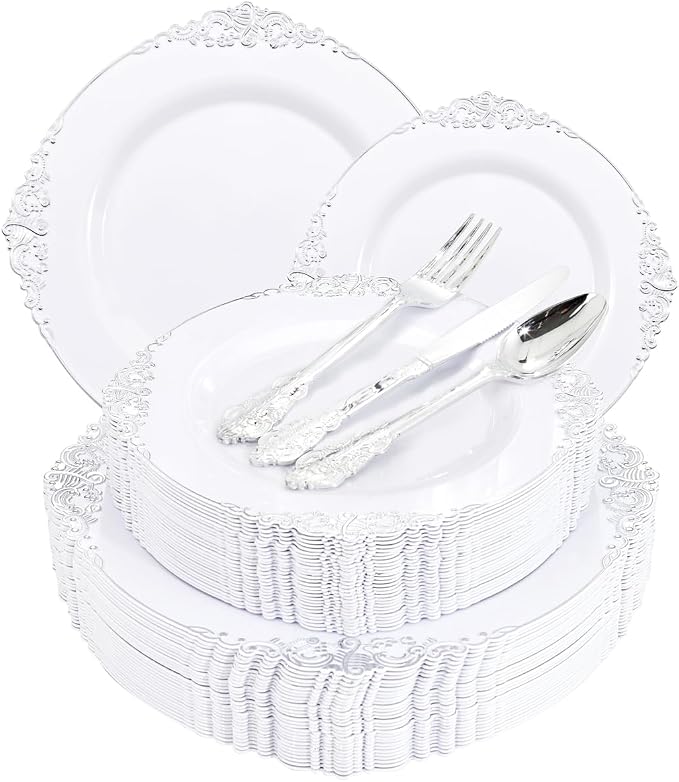 Liacere 150PCS Silver Plastic Plates with Silver Cutlery - Disposable Plastic Plates Include 30Dinner Plate, 30Dessert Plate, 30Knives, 30Spoons, 30Forks - Ideal for Wedding & Party