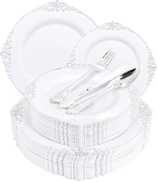 Liacere 150PCS Silver Plastic Plates with Silver Cutlery - Disposable Plastic Plates Include 30Dinner Plate, 30Dessert Plate, 30Knives, 30Spoons, 30Forks - Ideal for Wedding & Party