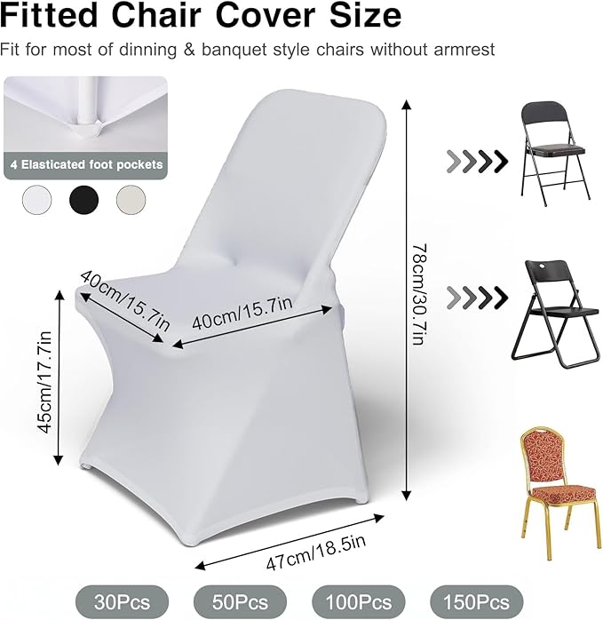 30 PCS White Folding Chair Covers for Party Spandex Stretch Chair Cover Durable, Washable Slipcovers, Universal Fit for Weddings, Dining, Events Decor
