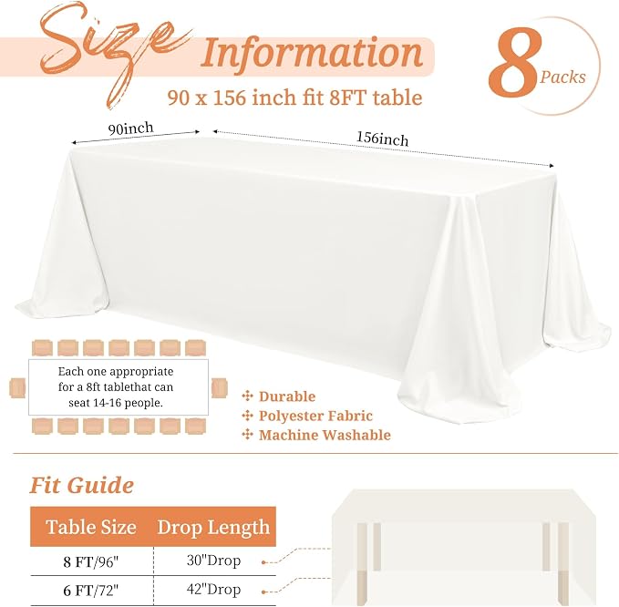Showgeous 8 Pack Ivory Rectangle Tablecloths, 90 x 156 Inch, Wrinkle & Stain Resistant, Machine Washable Polyester for Dining Table, Wedding, Parties